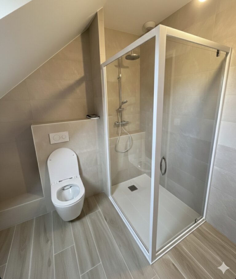 Salle de bain rénovée avec douche et WC suspendu, Calvados
